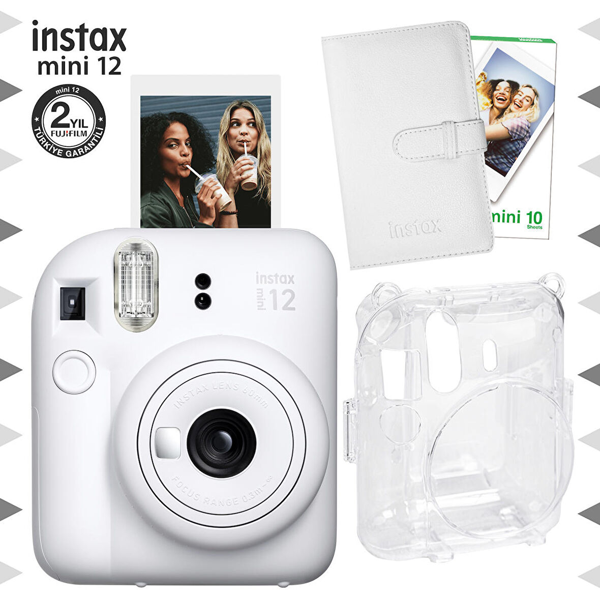 Instax mini 12 Beyaz Fotoğraf Makinesi-10'lu Film-Laporta Albüm ve Şeffaf Kılıf Seti