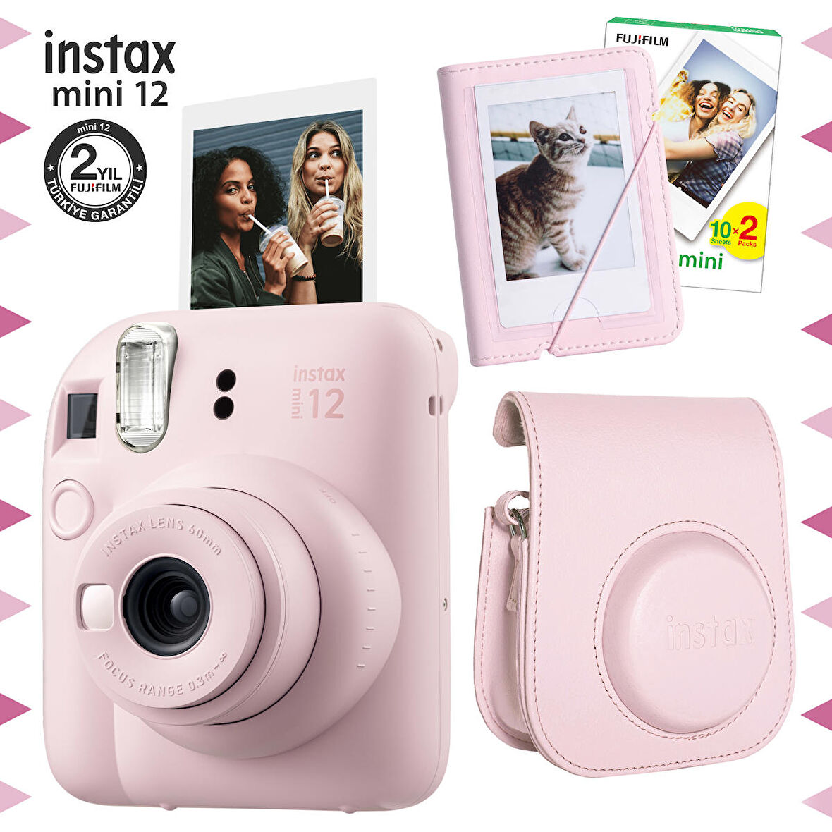 Instax mini 12 Pembe Fotoğraf Makinesi-20'lu Film-Mini Albüm ve Deri Kılıf Seti