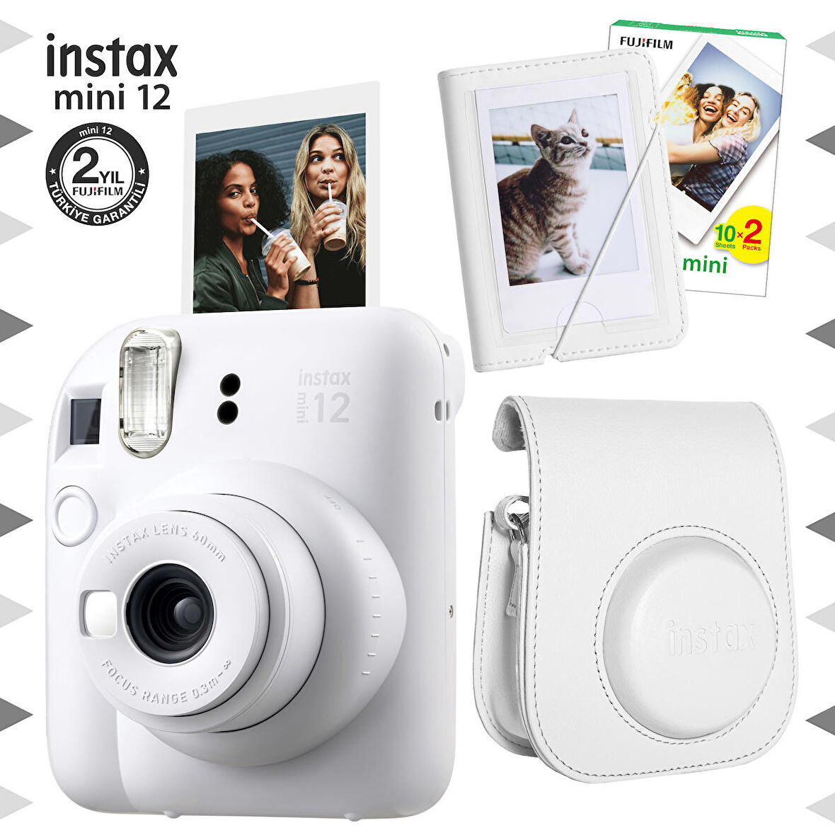 Instax mini 12 Beyaz Fotoğraf Makinesi-20'lu Film-Mini Albüm ve Deri Kılıf Seti