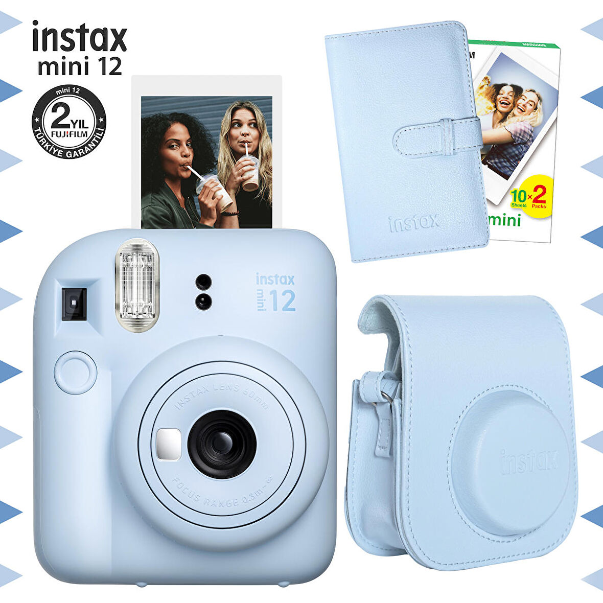 Instax mini 12 Mavi Fotoğraf Makinesi-20'li Film-Laporta Albüm ve Deri Kılıf Seti