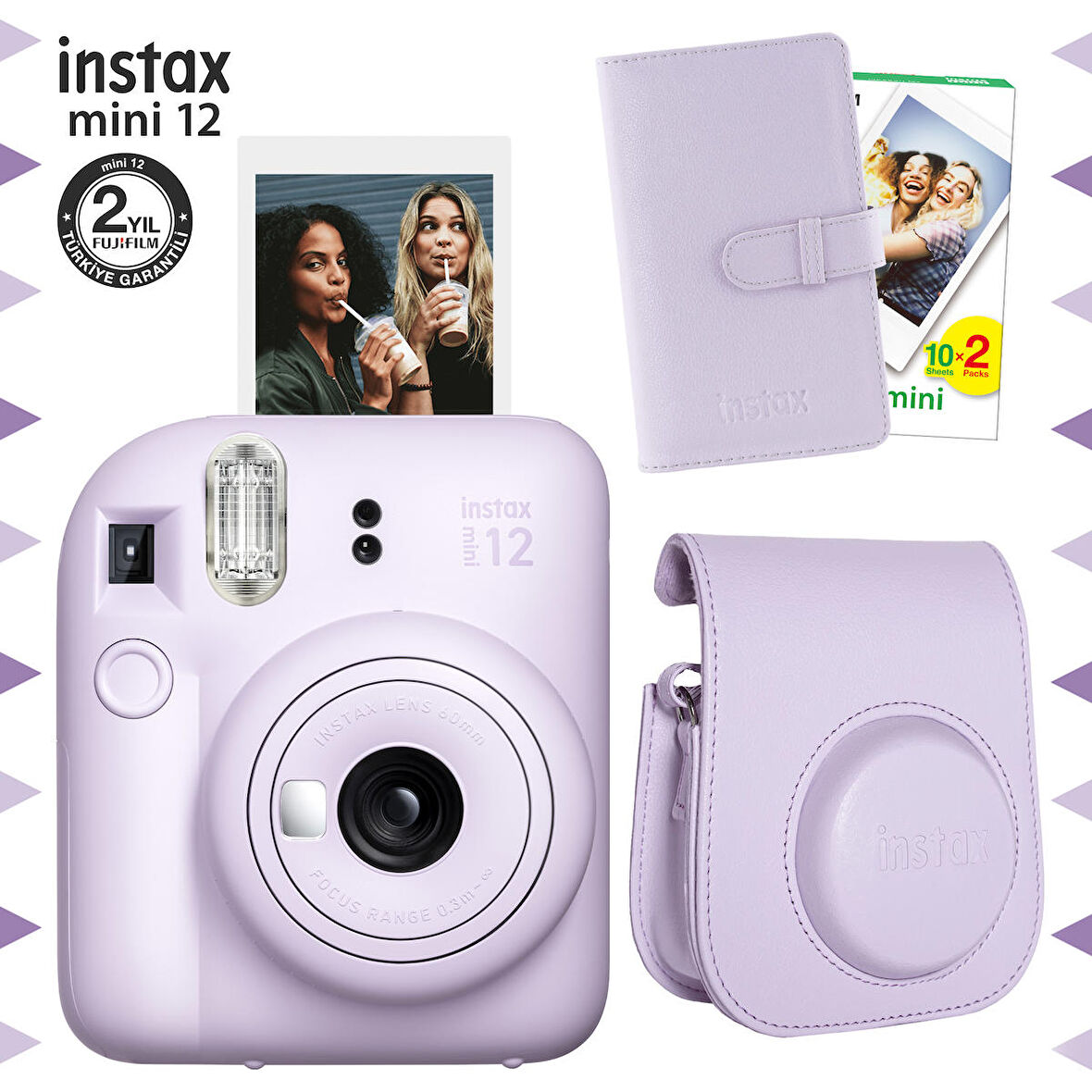 Instax mini 12 Lila Fotoğraf Makinesi-20'li Film-Laporta Albüm ve Deri Kılıf Seti