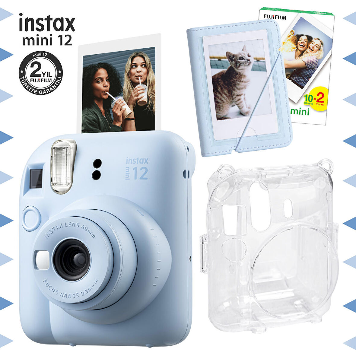 Instax mini 12 Mavi Fotoğraf Makinesi-20'li Film-Mini Albüm ve Şeffaf Kılıf Seti