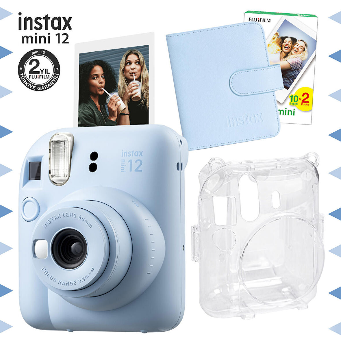 Instax mini 12 Mavi Fotoğraf Makinesi-20'lu Film-Kare Albüm ve Şeffaf Kılıf Seti