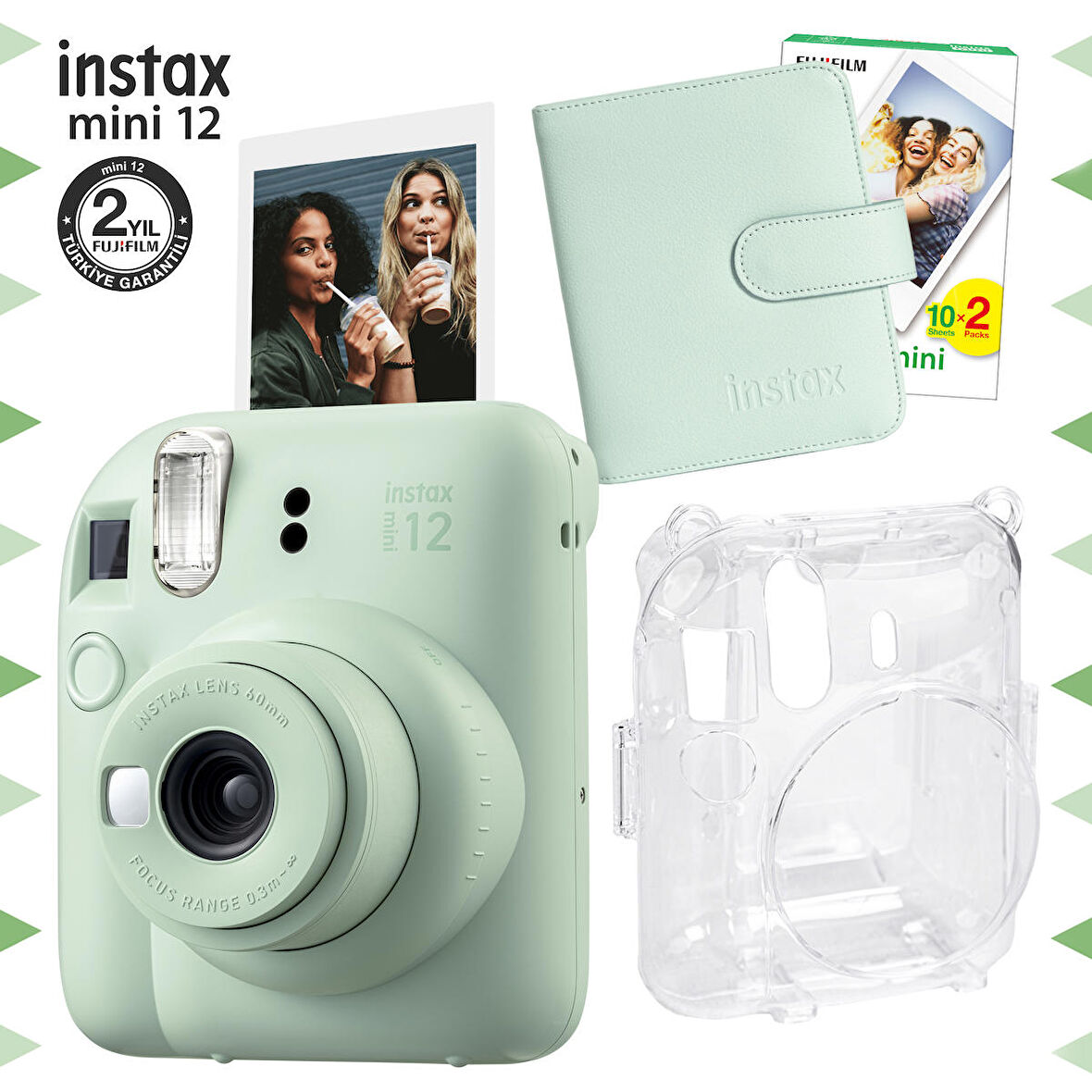 Instax mini 12 Yeşil Fotoğraf Makinesi-20'lu Film-Kare Albüm ve Şeffaf Kılıf Seti