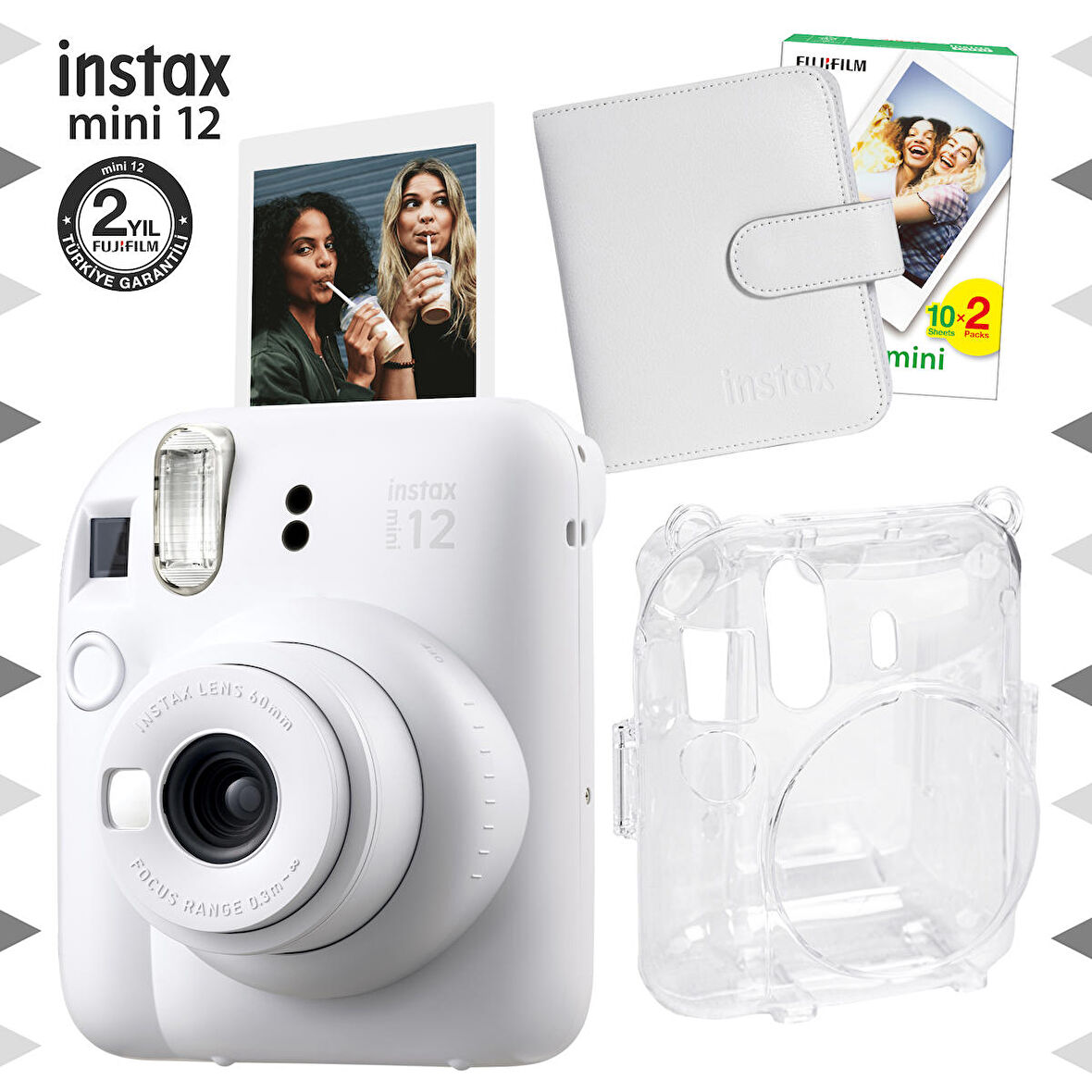 Instax mini 12 Beyaz Fotoğraf Makinesi-20'lu Film-Kare Albüm ve Şeffaf Kılıf Seti