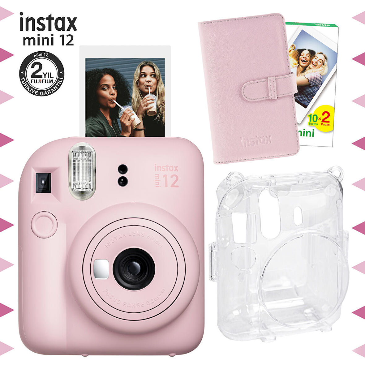 Instax mini 12 Pembe Fotoğraf Makinesi-20'lu Film-Laporta Albüm ve Şeffaf Kılıf Seti