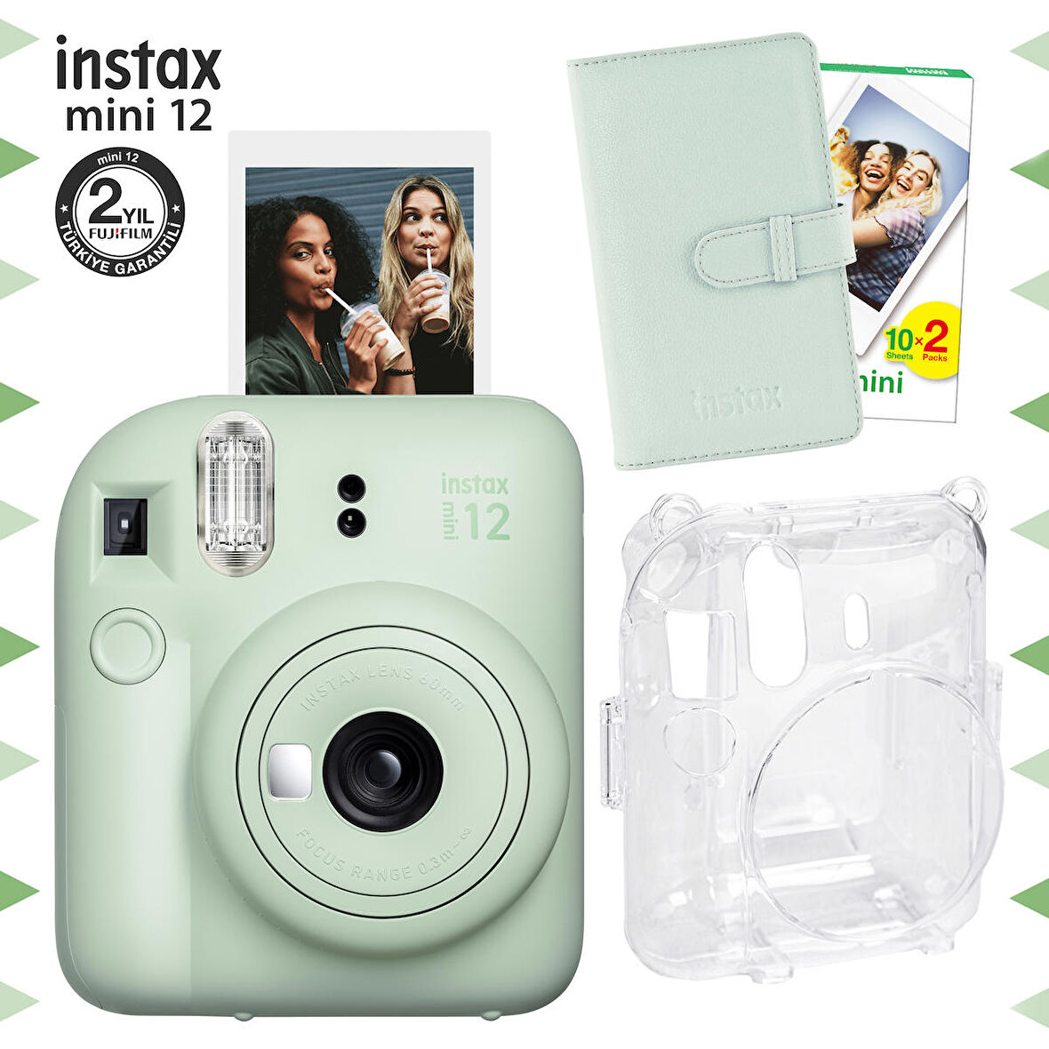 Instax mini 12 Yeşil Fotoğraf Makinesi-20'lu Film-Laporta Albüm ve Şeffaf Kılıf Seti