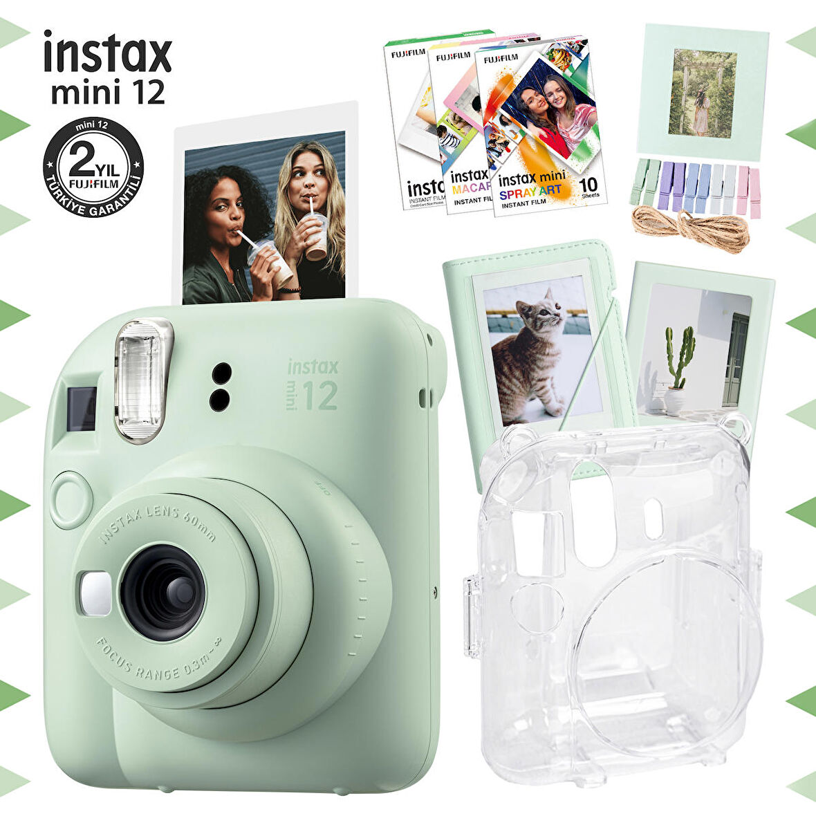 Instax mini 12 Yeşil Fotoğraf Makinesi-30'lu Film-Albüm-Mandal-Çerçeve ve Kılıf Mega Set 2-FOTSI197-S8-MS2