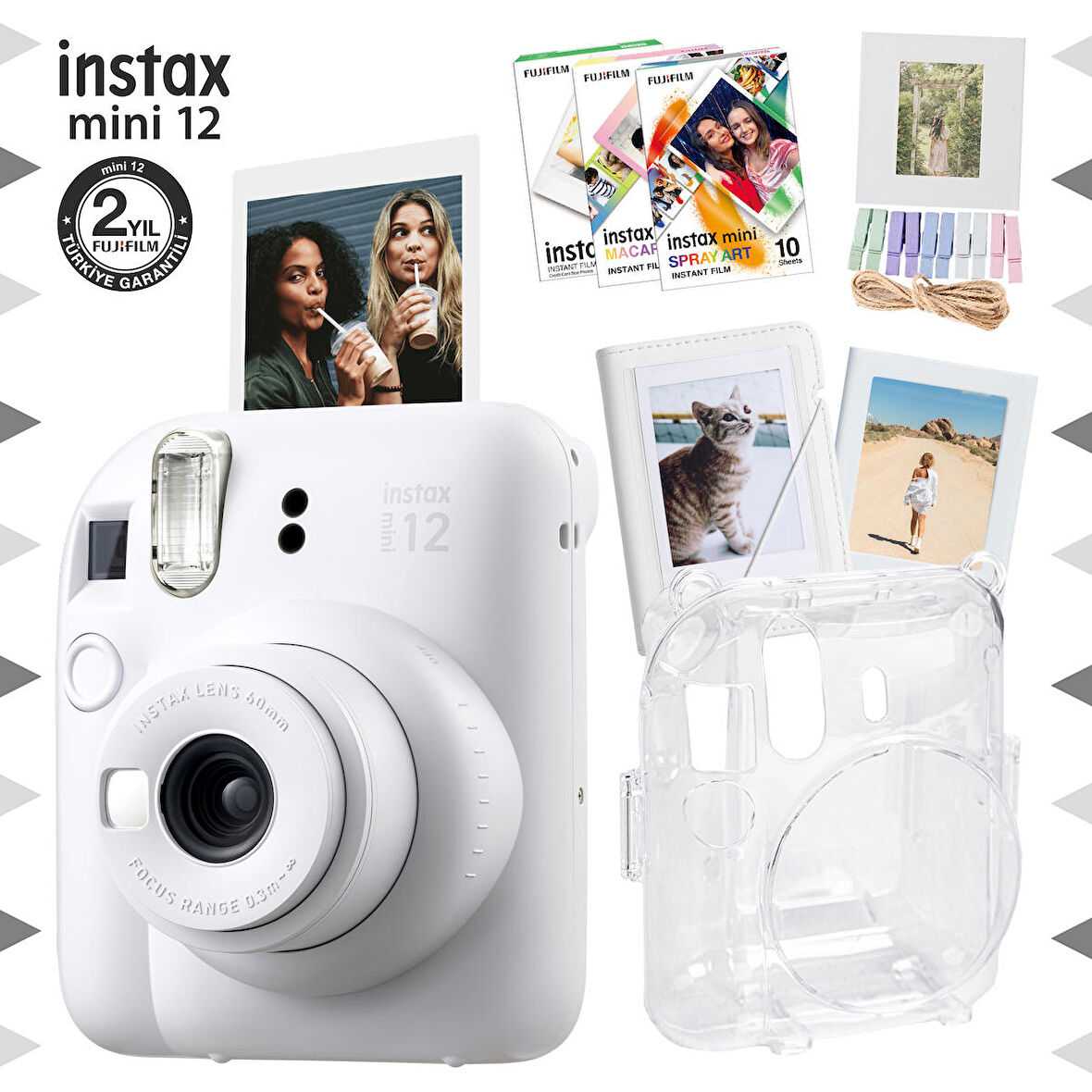 Instax mini 12 Beyaz Fotoğraf Makinesi-30'lu Film-Albüm-Mandal-Çerçeve ve Kılıf Mega Set 2