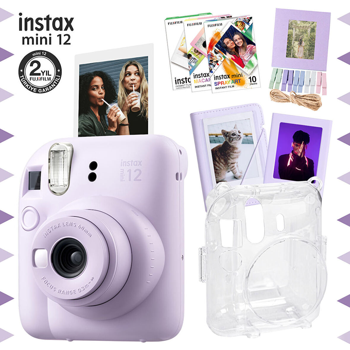 Instax mini 12 Lila Fotoğraf Makinesi-30'lu Film-Albüm-Mandal-Çerçeve ve Kılıf Mega Set 2