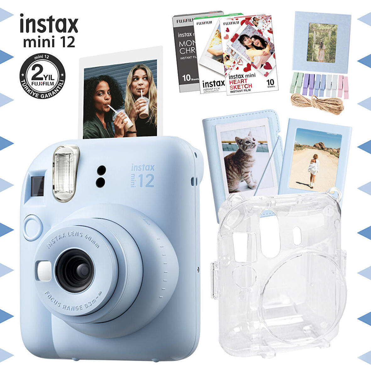 Instax mini 12 Mavi Fotoğraf Makinesi-30'lu Film-Albüm-Mandal-Çerçeve ve Kılıf Mega Set 3