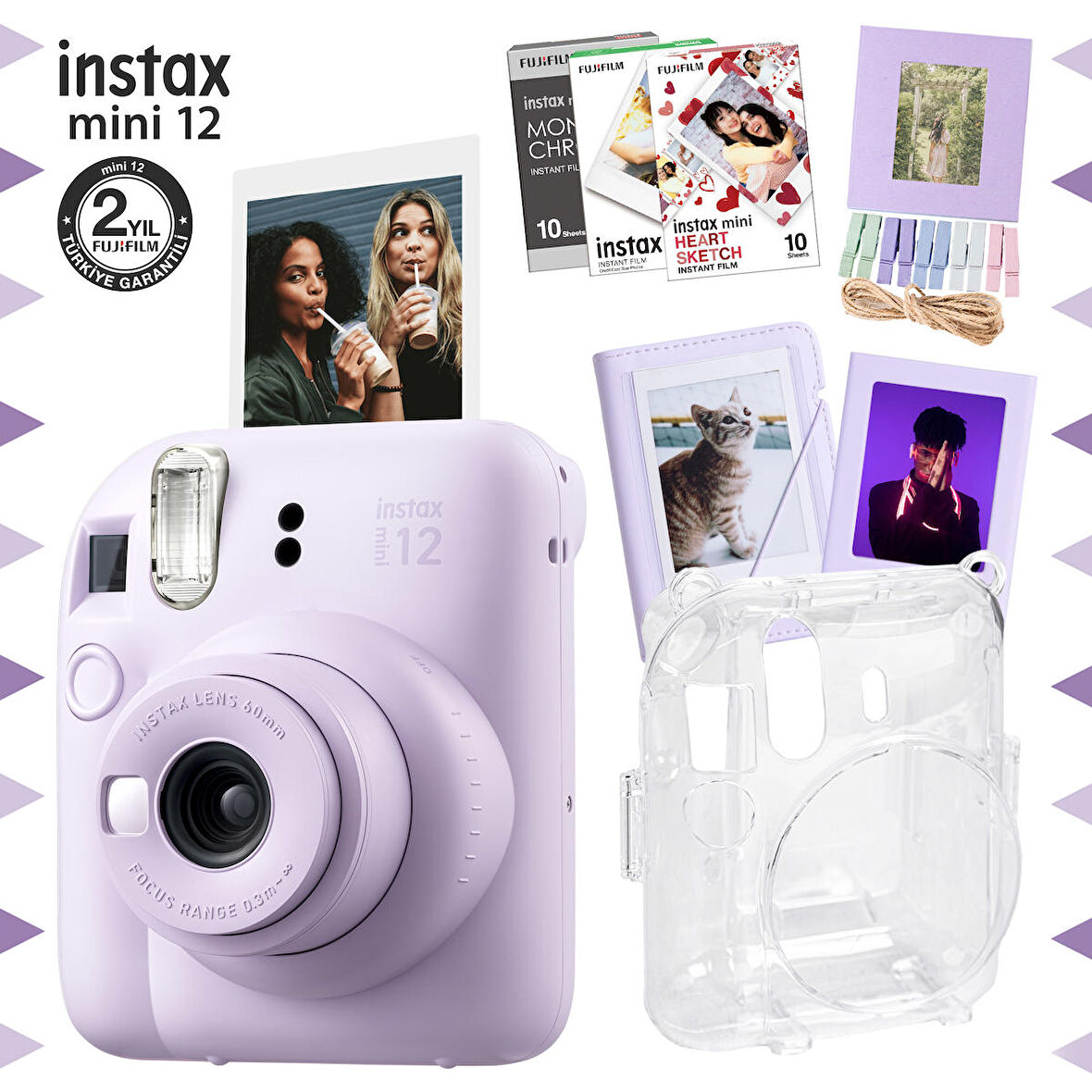 Instax mini 12 Lila Fotoğraf Makinesi-30'lu Film-Albüm-Mandal-Çerçeve ve Kılıf Mega Set 3
