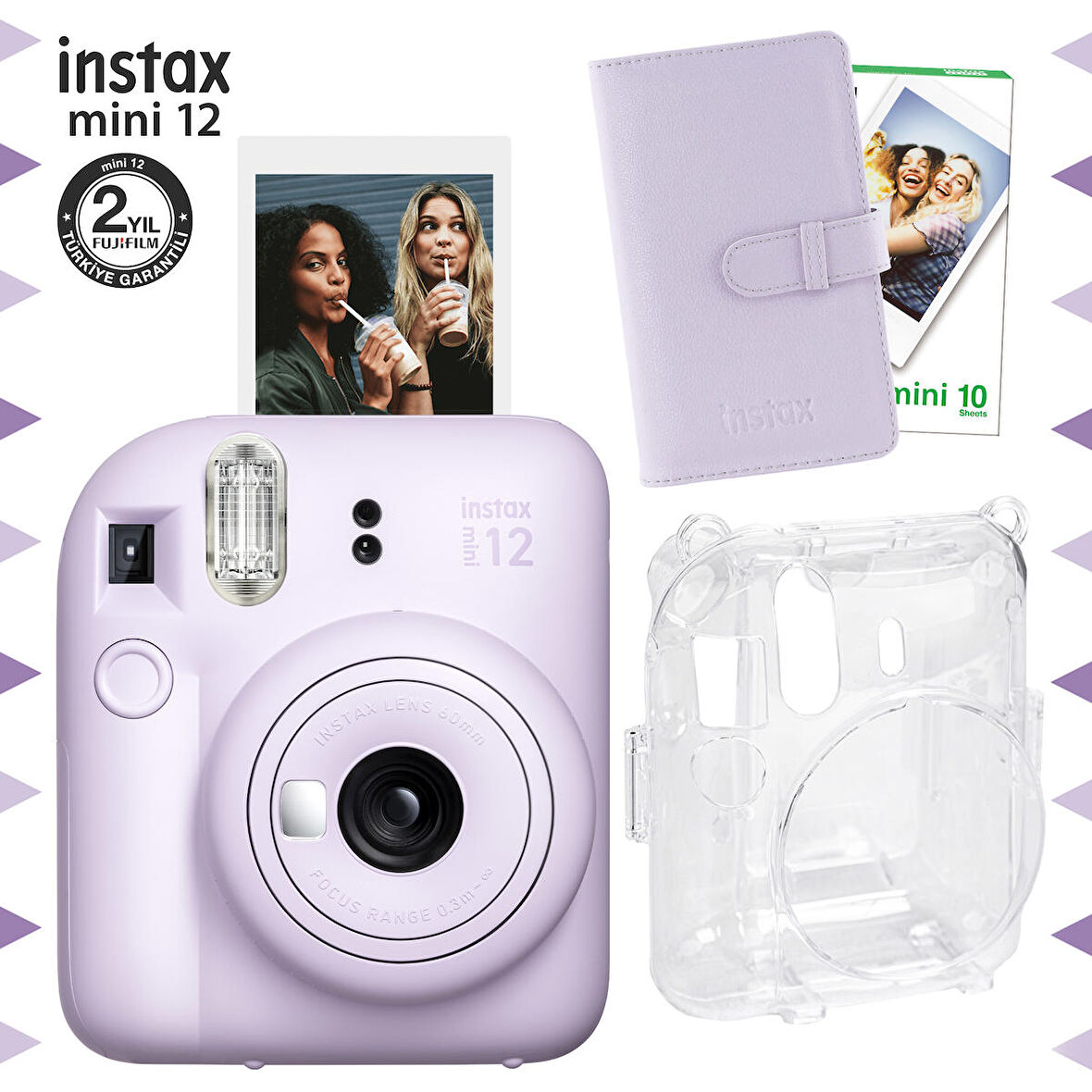 Instax mini 12 Lila Fotoğraf Makinesi-10'lu Film-Laporta Albüm ve Şeffaf Kılıf Seti