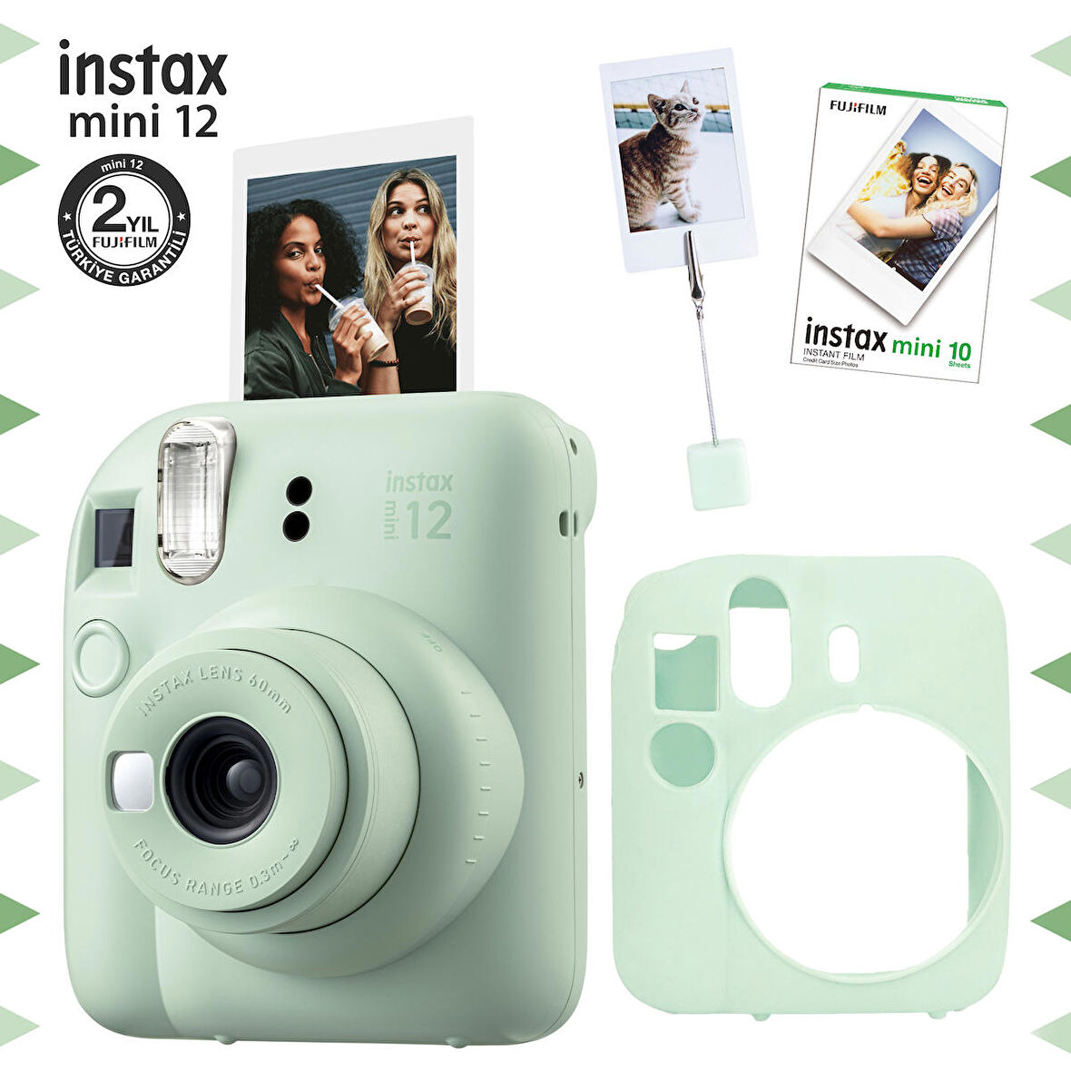 Instax mini 12 Yeşil Fotoğraf Makinesi-10'lu Film-Kıskaçlı Resim Standı ve Silikon Kılıf Seti