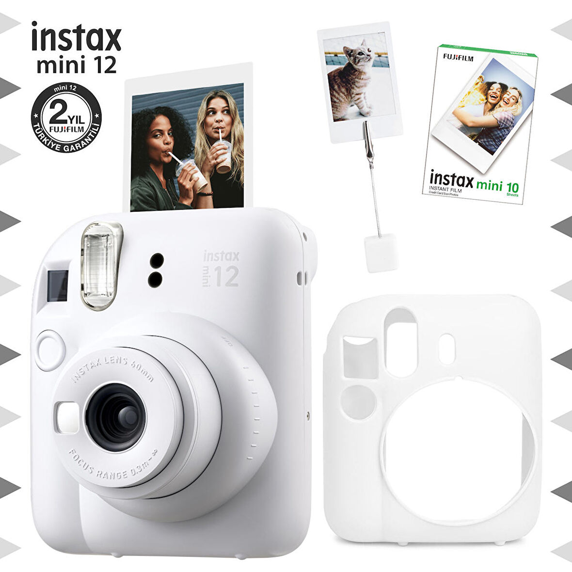 Instax mini 12 Beyaz Fotoğraf Makinesi-10'lu Film-Kıskaçlı Resim Standı ve Silikon Kılıf Seti