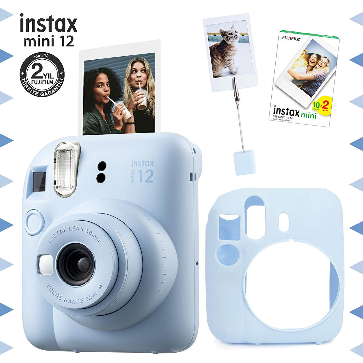 Instax mini 12 Mavi Fotoğraf Makinesi-20'li Film-Kıskaçlı Resim Standı ve Silikon Kılıf Seti