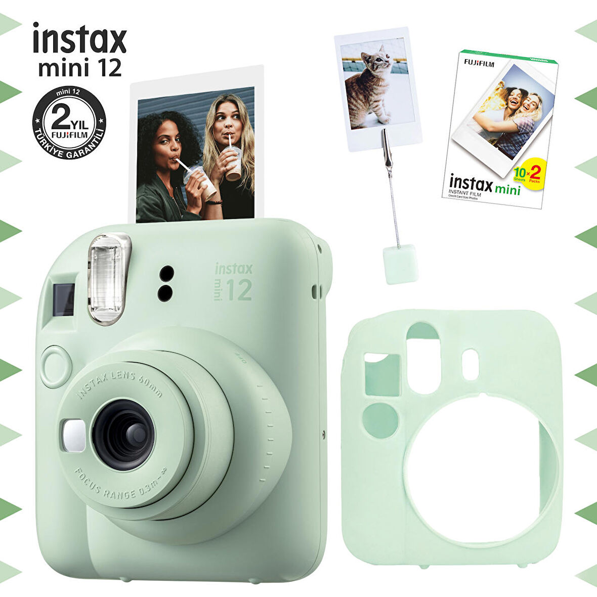 Instax mini 12 Yeşil Fotoğraf Makinesi-20'li Film-Kıskaçlı Resim Standı ve Silikon Kılıf Seti