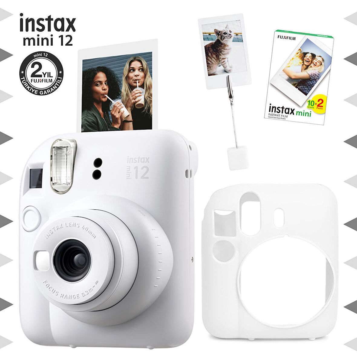 Instax mini 12 Beyaz Fotoğraf Makinesi-20'li Film-Kıskaçlı Resim Standı ve Silikon Kılıf Seti