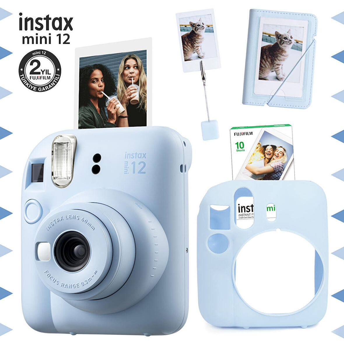 Instax mini 12 Mavi Fotoğraf Makinesi-10'lu Film-Kıskaçlı Stand-Mini Albüm ve Silikon Kılıf Seti