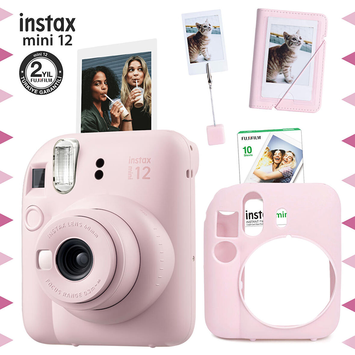 Instax mini 12 Pembe Fotoğraf Makinesi-10'lu Film-Kıskaçlı Stand-Mini Albüm ve Silikon Kılıf Seti