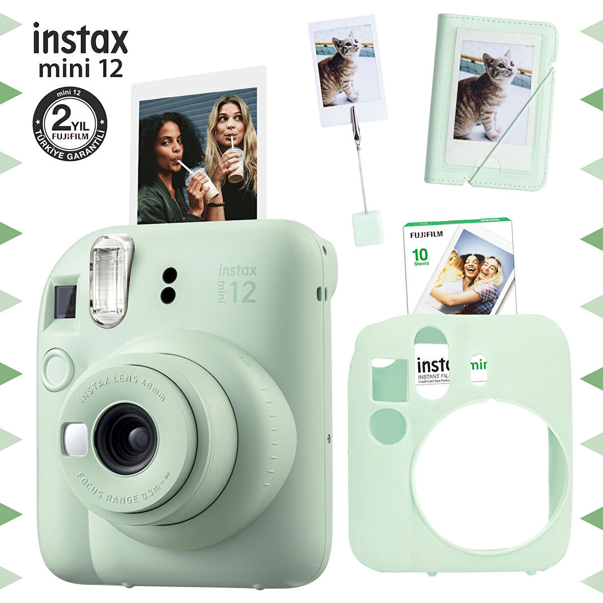 Instax mini 12 Yeşil Fotoğraf Makinesi-10'lu Film-Kıskaçlı Stand-Mini Albüm ve Silikon Kılıf Seti