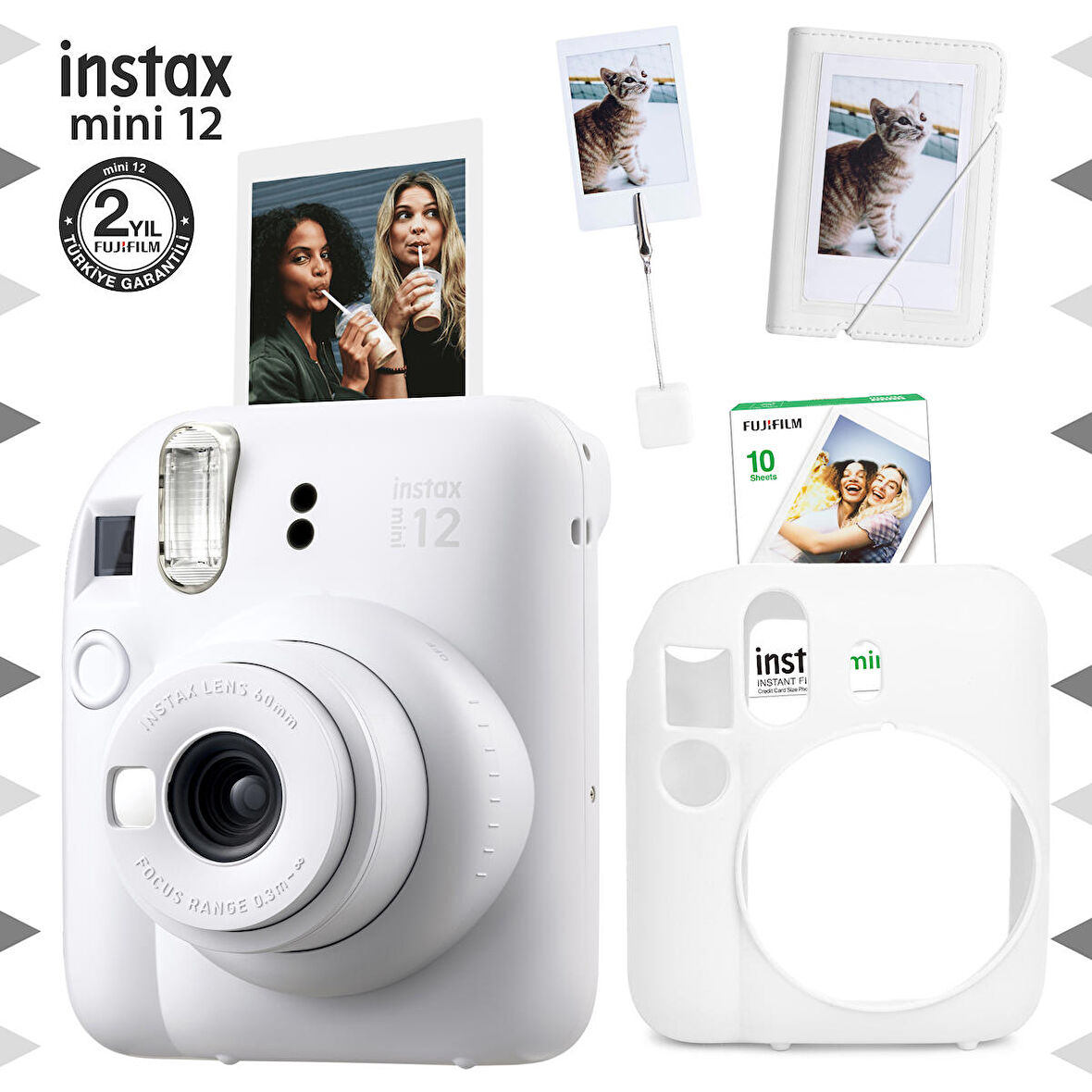 Instax mini 12 Beyaz Fotoğraf Makinesi-10'lu Film-Kıskaçlı Stand-Mini Albüm ve Silikon Kılıf Seti