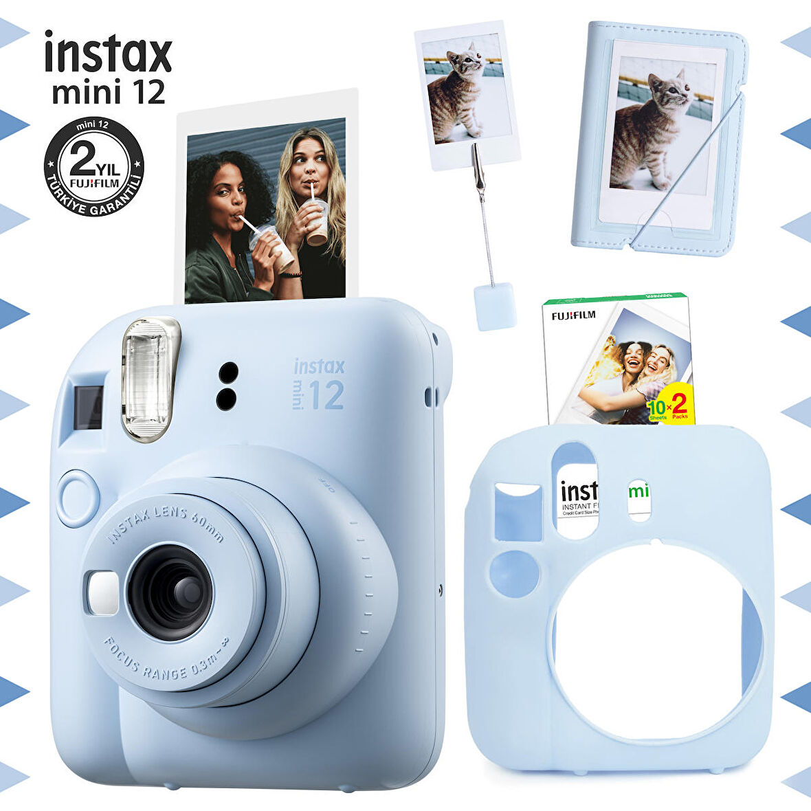 Instax mini 12 Mavi Fotoğraf Makinesi-20'li Film-Kıskaçlı Stand-Mini Albüm ve Silikon Kılıf Seti