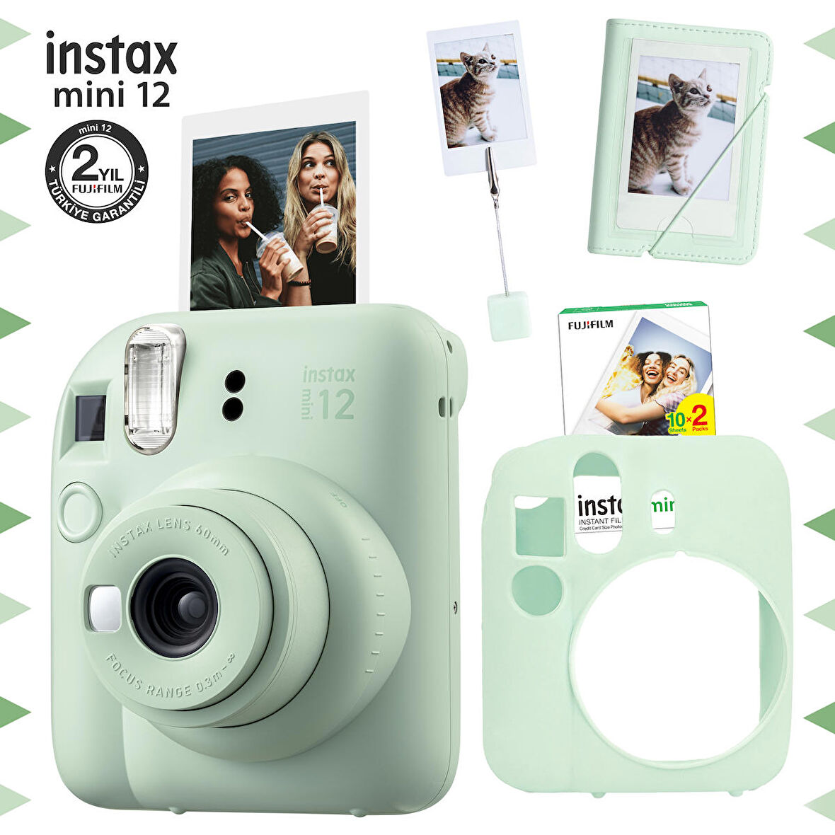 Instax mini 12 Yeşil Fotoğraf Makinesi-20'li Film-Kıskaçlı Stand-Mini Albüm ve Silikon Kılıf Seti