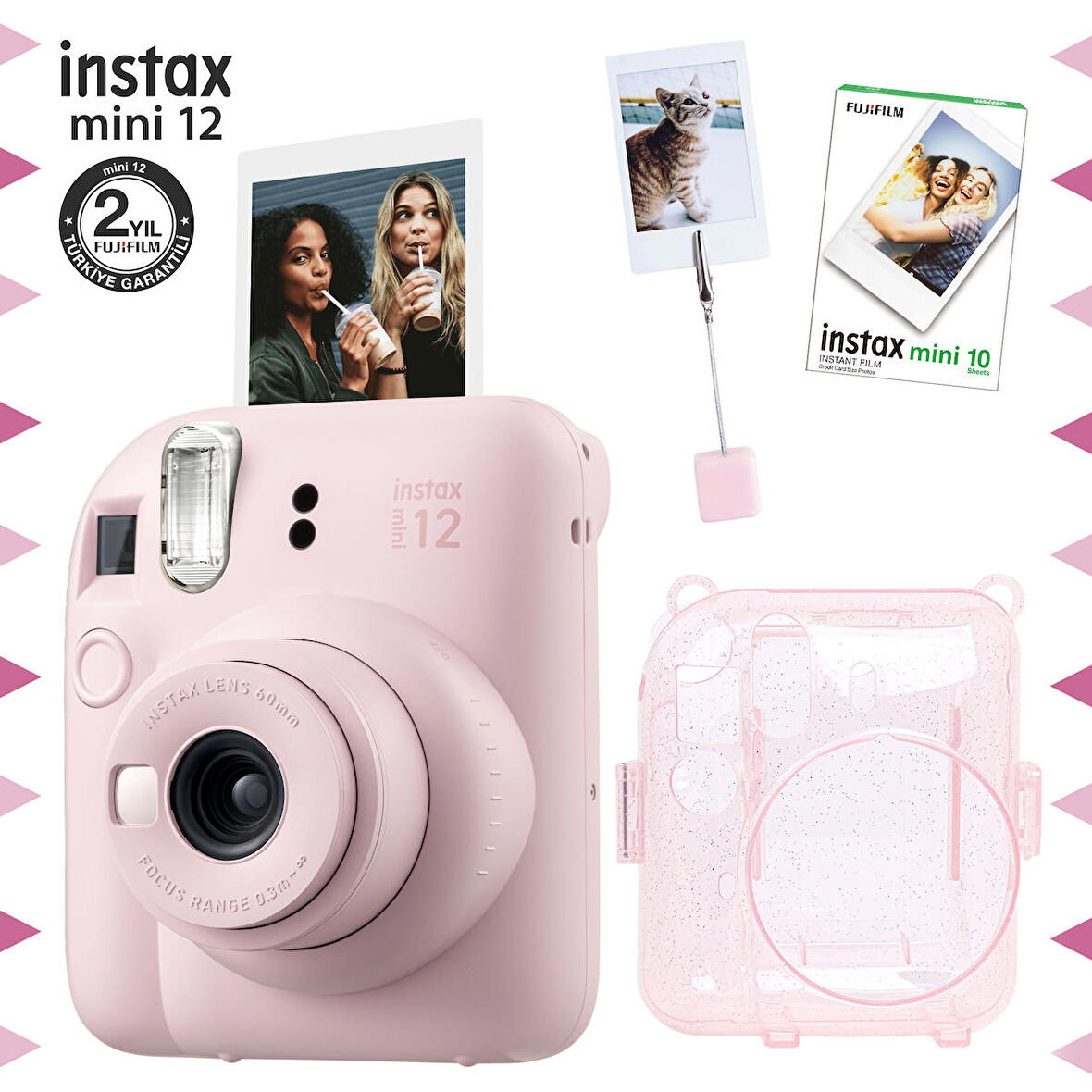 Instax mini 12 Pembe Fotoğraf Makinesi-10'lu Film-Kıskaçlı Resim Standı ve Simli Pleksi Kılıf Seti