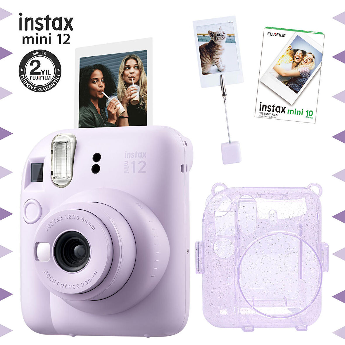 Instax mini 12 Lila Fotoğraf Makinesi-10'lu Film-Kıskaçlı Resim Standı ve Simli Pleksi Kılıf Seti