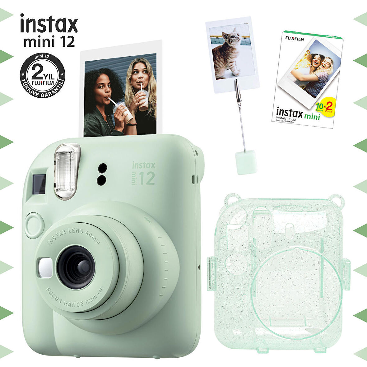 Instax mini 12 Yeşil Fotoğraf Makinesi-20'li Film-Kıskaçlı Resim Standı ve Simli Pleksi Kılıf Seti