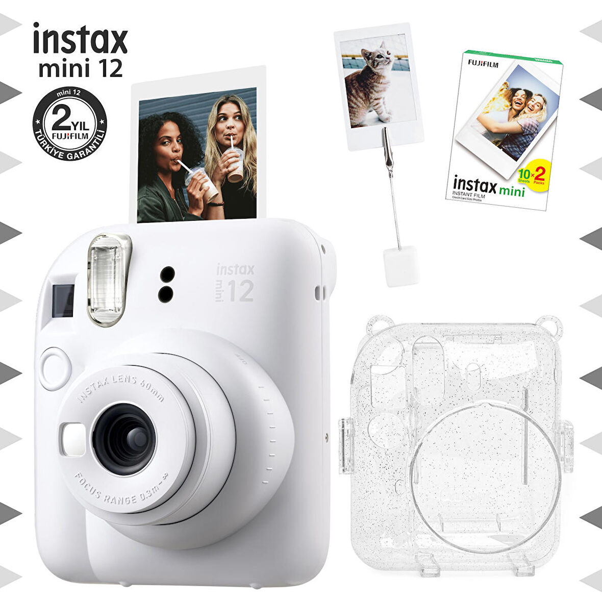 Instax mini 12 Beyaz Fotoğraf Makinesi-20'li Film-Kıskaçlı Resim Standı ve Simli Pleksi Kılıf Seti