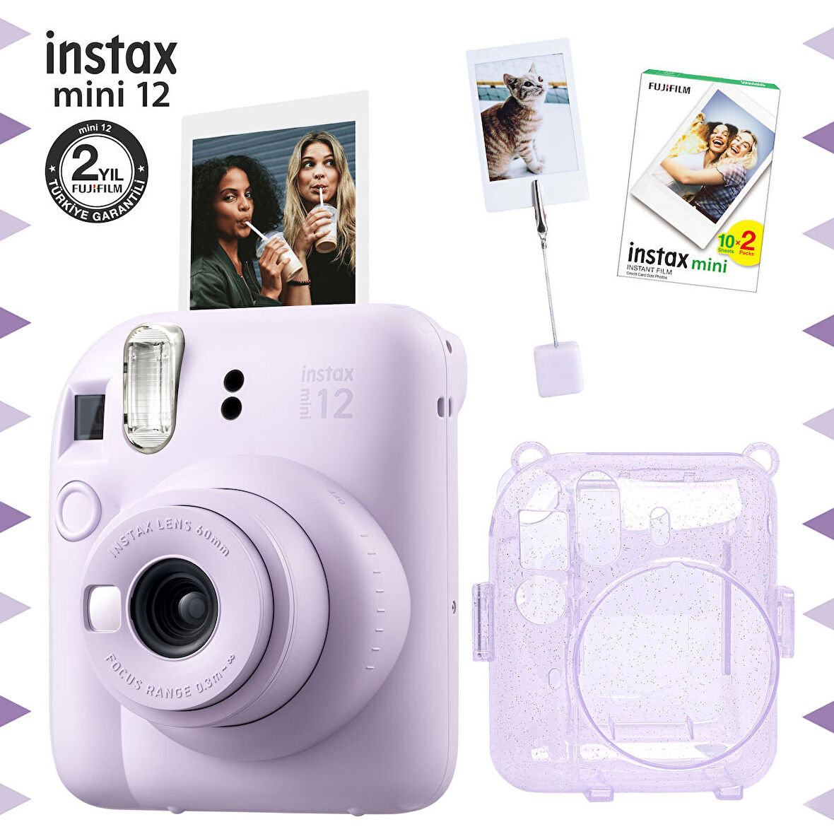 Instax mini 12 Lila Fotoğraf Makinesi-20'li Film-Kıskaçlı Resim Standı ve Simli Pleksi Kılıf Seti