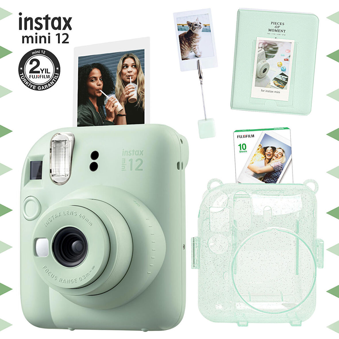 Instax mini 12 Yeşil Fotoğraf Makinesi-10'lu Film-Kıskaçlı Stand-PVC Albüm ve Simli Pleksi Kılıf Seti