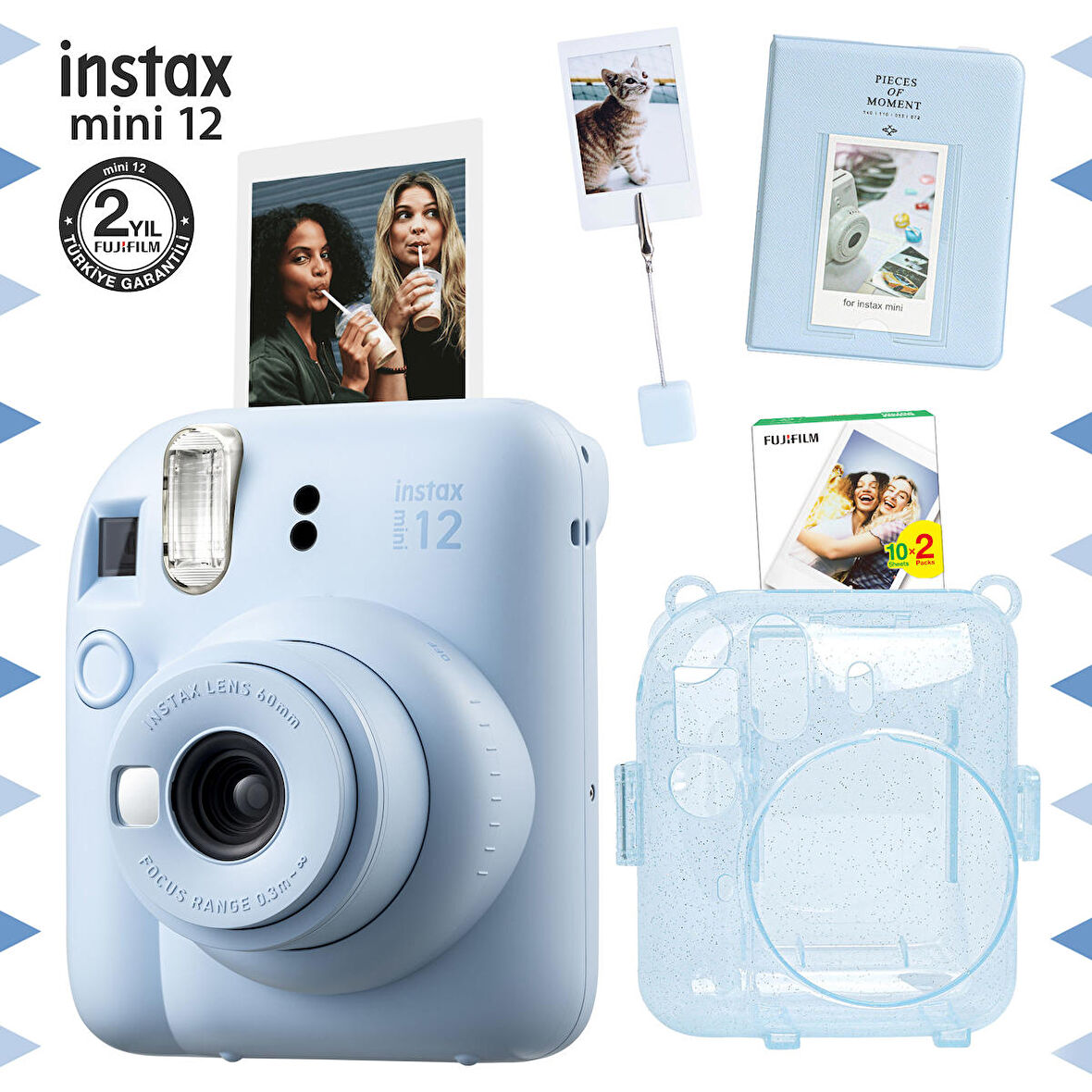 Instax mini 12 Mavi Fotoğraf Makinesi-20'li Film-Kıskaçlı Stand-PVC Albüm ve Simli Pleksi Kılıf Seti