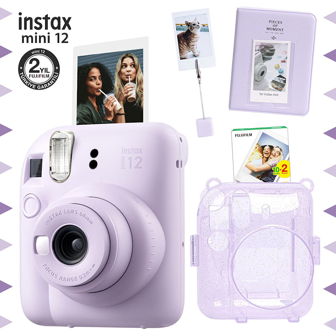 Instax mini 12 Lila Fotoğraf Makinesi-20'li Film-Kıskaçlı Stand-PVC Albüm ve Simli Pleksi Kılıf Seti