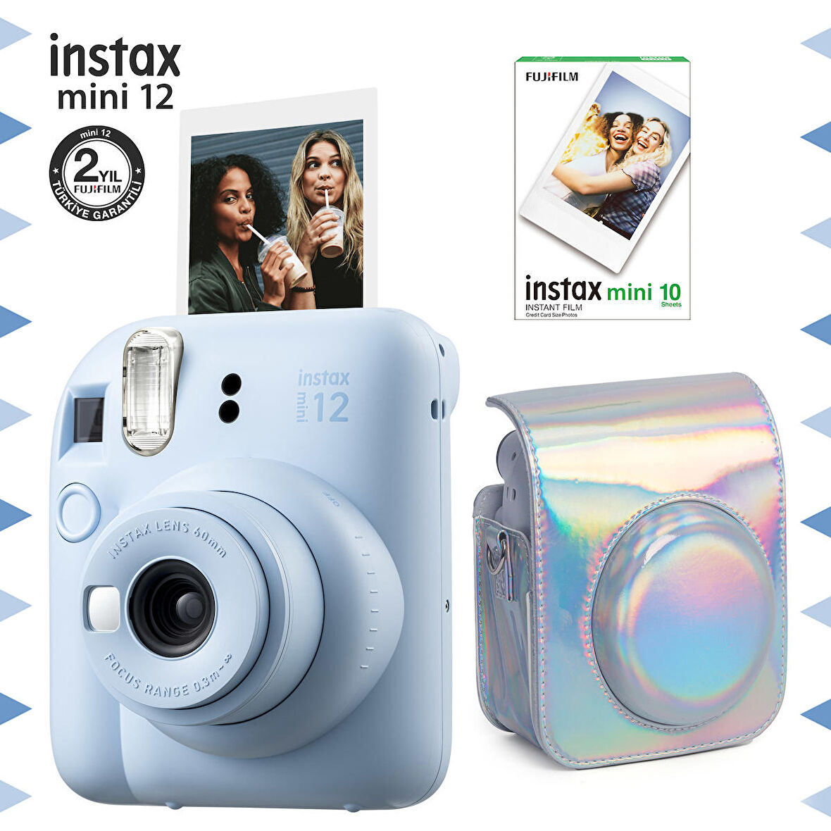 Instax mini 12 Mavi  Fotoğraf Makinesi-10'lu Film ve Parlak Kılıf Seti