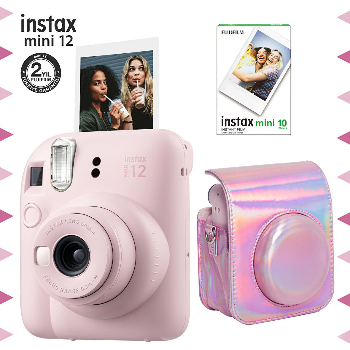 Instax mini 12 Pembe Fotoğraf Makinesi-10'lu Film ve Parlak Kılıf Seti