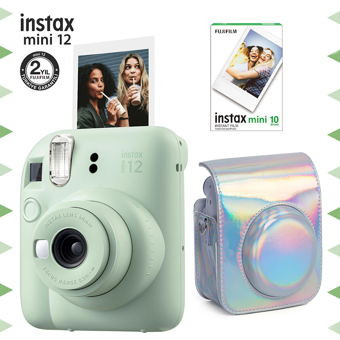 Instax mini 12 Yeşil Fotoğraf Makinesi-10'lu Film ve Parlak Kılıf Seti