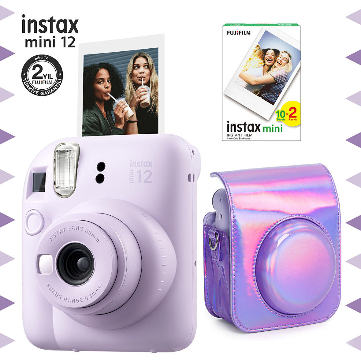 Instax mini 12 Lila Fotoğraf Makinesi-20'li Film ve Parlak Kılıf Seti