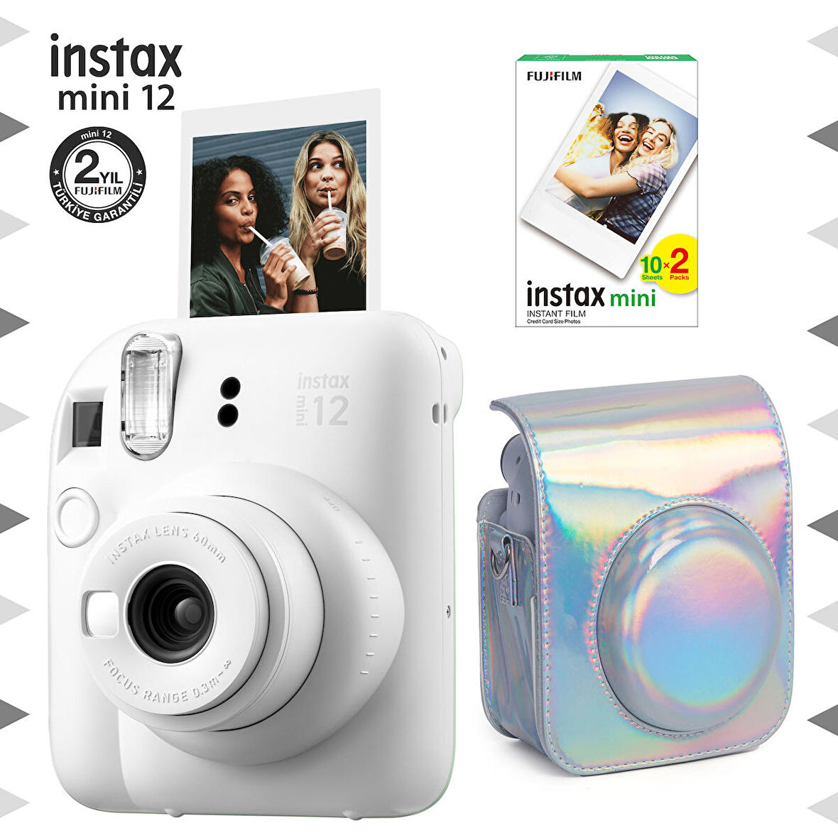 Instax mini 12 Beyaz Fotoğraf Makinesi-20'li Film ve Parlak Kılıf Seti