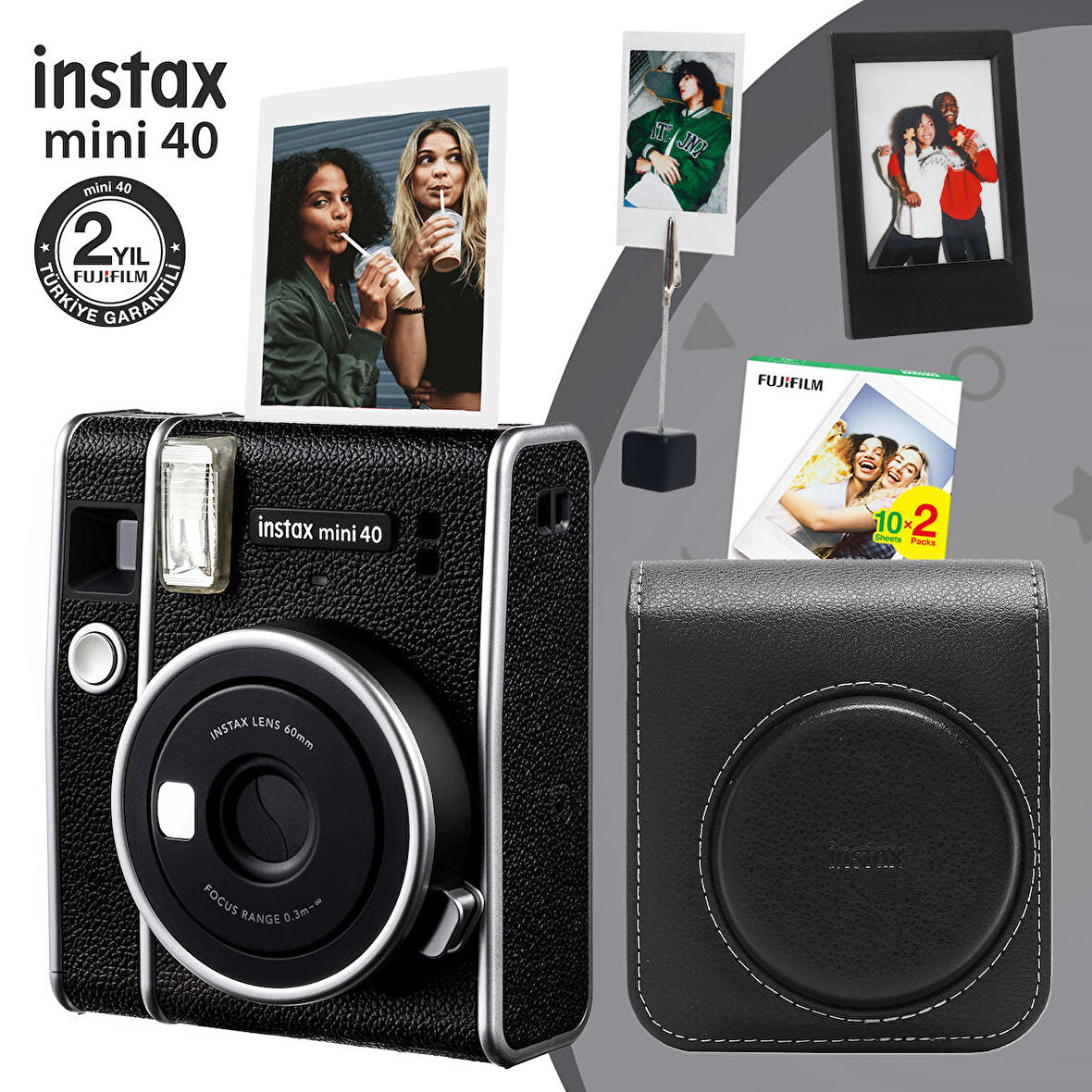 Instax Mini 40 Fotoğraf Makinası-20li Film-Deri Kılıf-Çerçeve ve Kıskaçlı Foto Stand