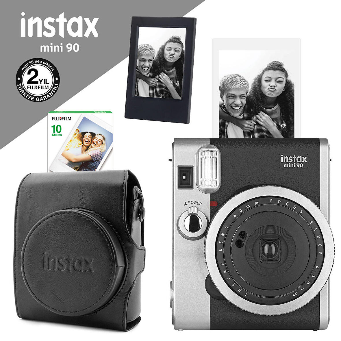 Instax Neo 90 Classic Siyah Fotoğraf Makinesi-10lu mini Film-Deri Kılıf ve Fotoğraf Çerçevesi