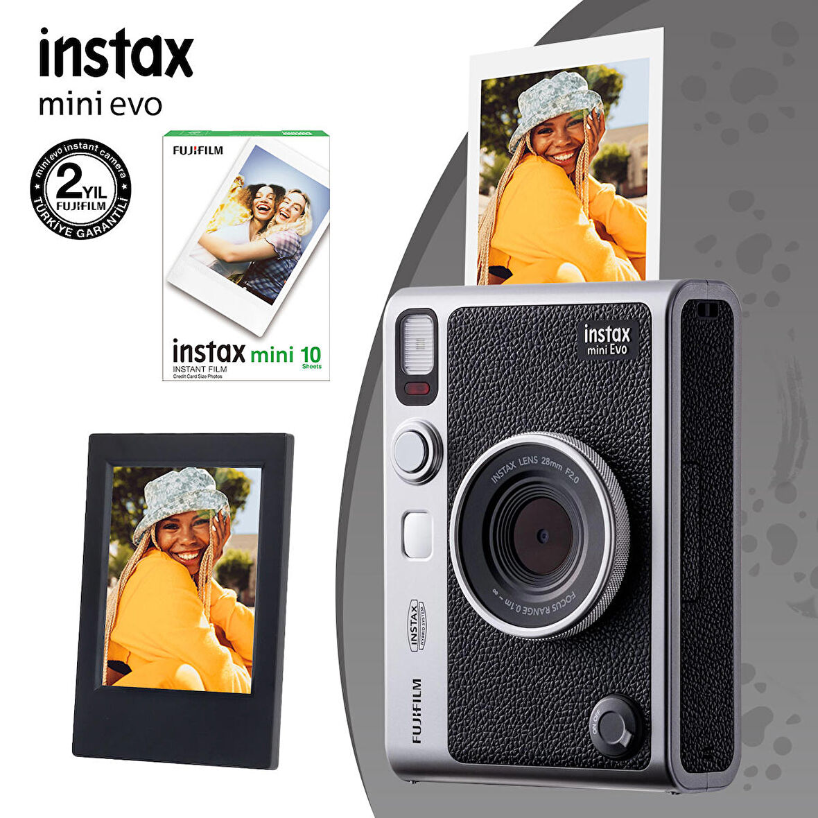 Instax Mini Evo Siyah Fotoğraf Makinesi 10lu Film ve Çerçeve