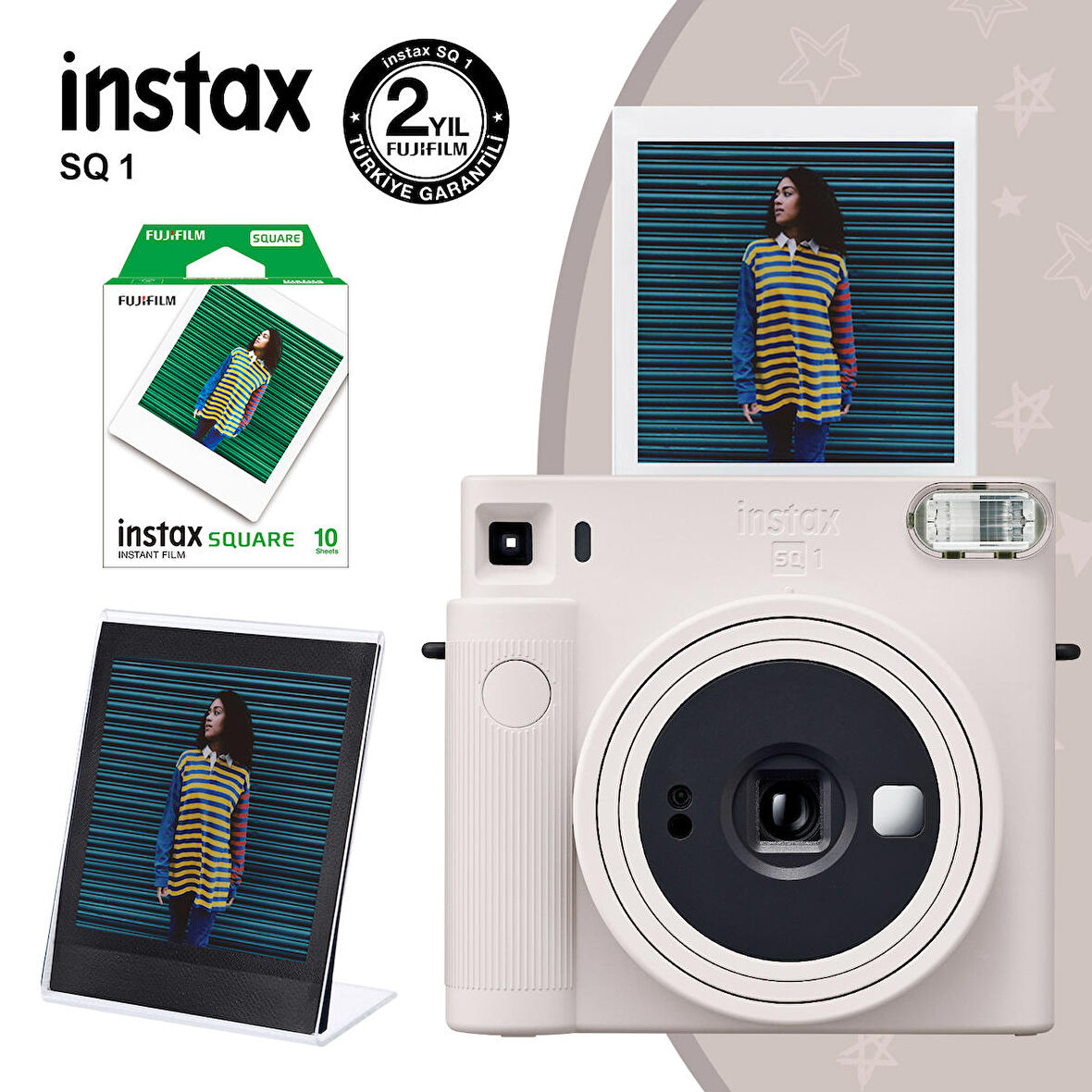 Instax SQ1 Beyaz Fotoğraf Makinesi 10lu Kare Film ve Pleksi Çerçeve