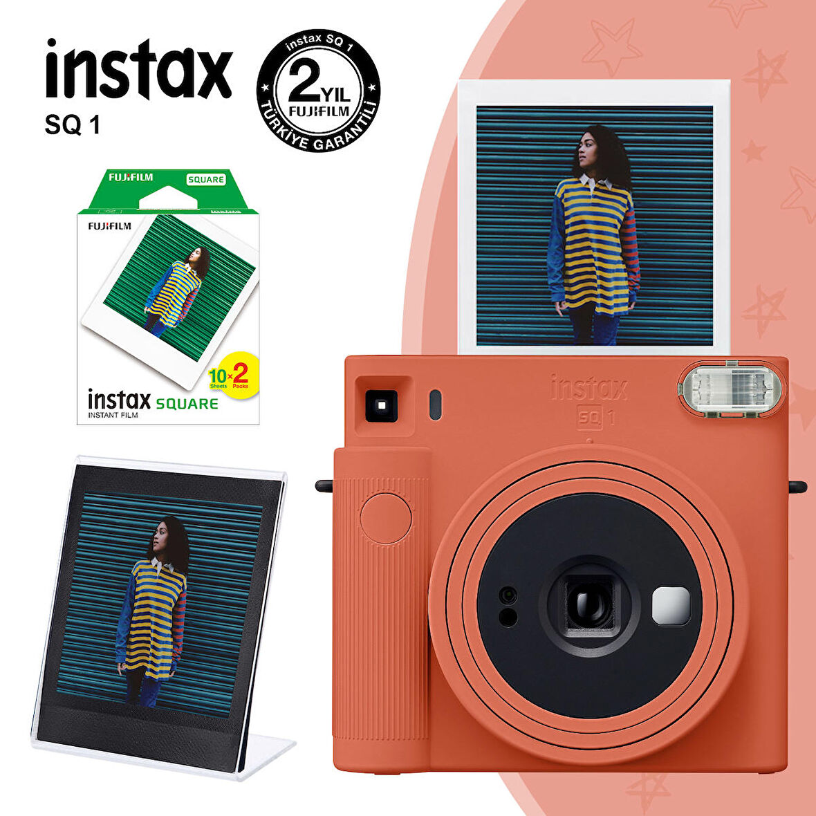 Instax SQ1 Terracotta Turuncu Fotoğraf Makinesi 20li Kare Film ve Pleksi Çerçeve