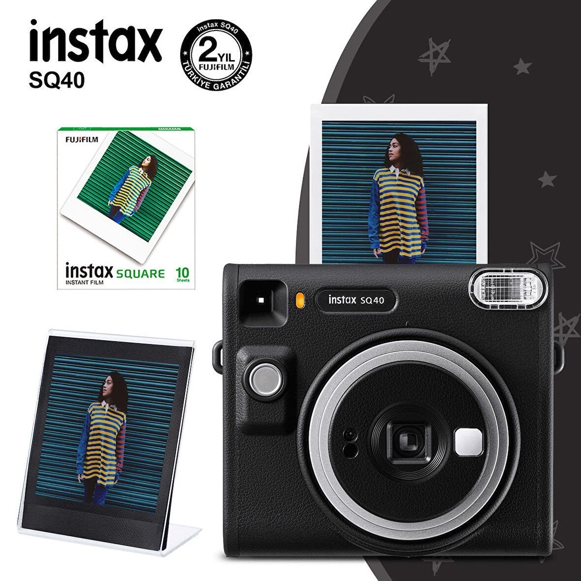 Instax SQ40 Siyah Fotoğraf Makinesi 10lu Kare Film ve Pleksi Çerçeve