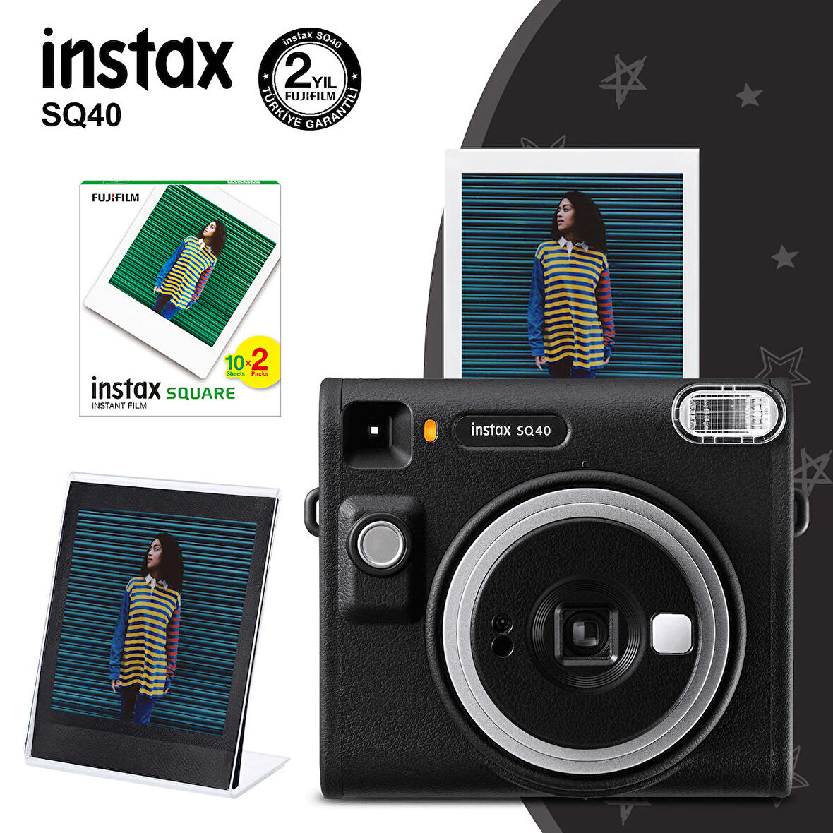 Instax SQ40 Siyah Fotoğraf Makinesi 20li Kare Film ve Pleksi Çerçeve