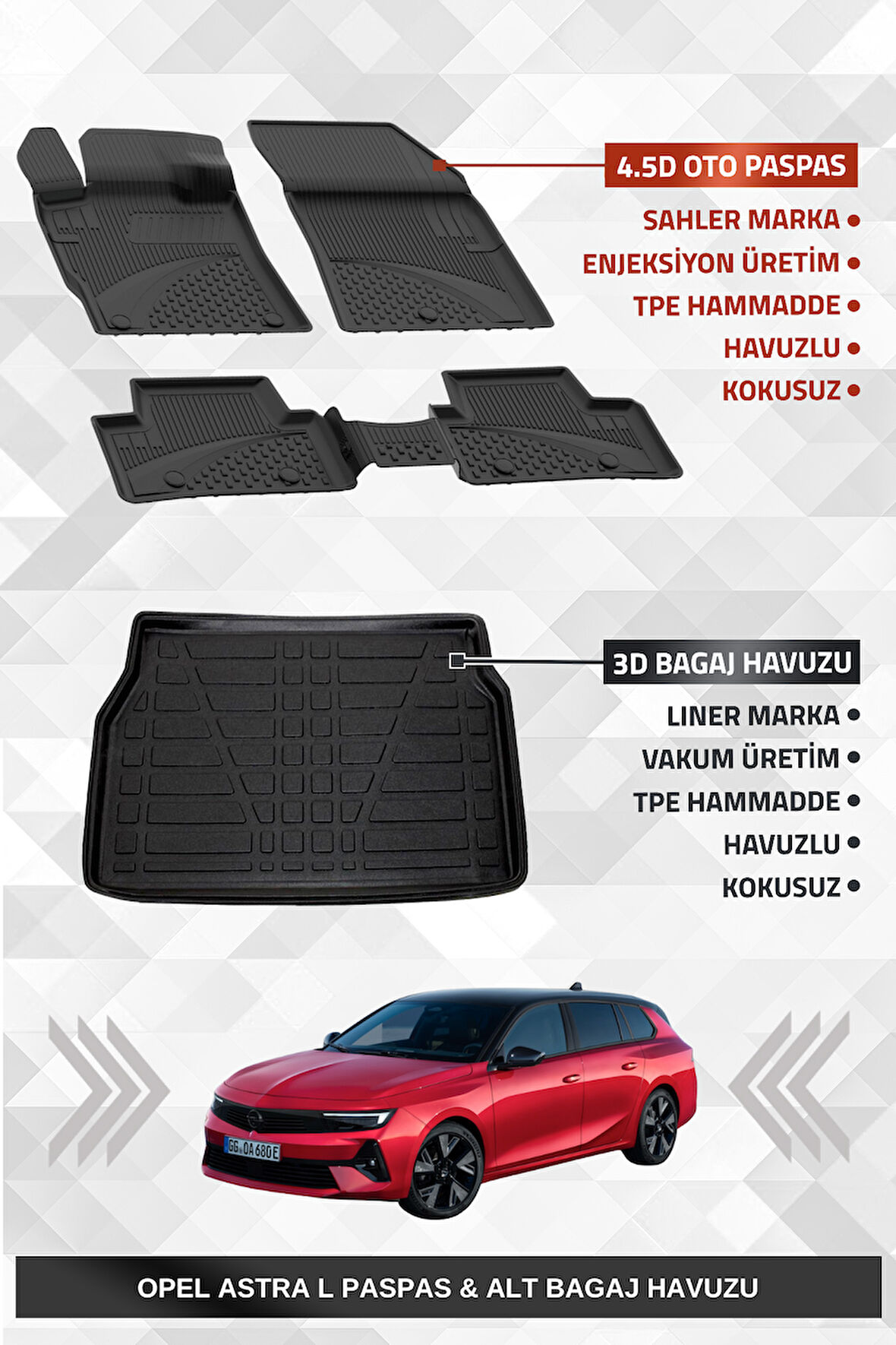 Sahler Opel Astra L 2022+ Uyumlu 4.5D Premium Havuzlu Oto Paspas ve Liner Marka 3D ALT Bagaj Havuzu
