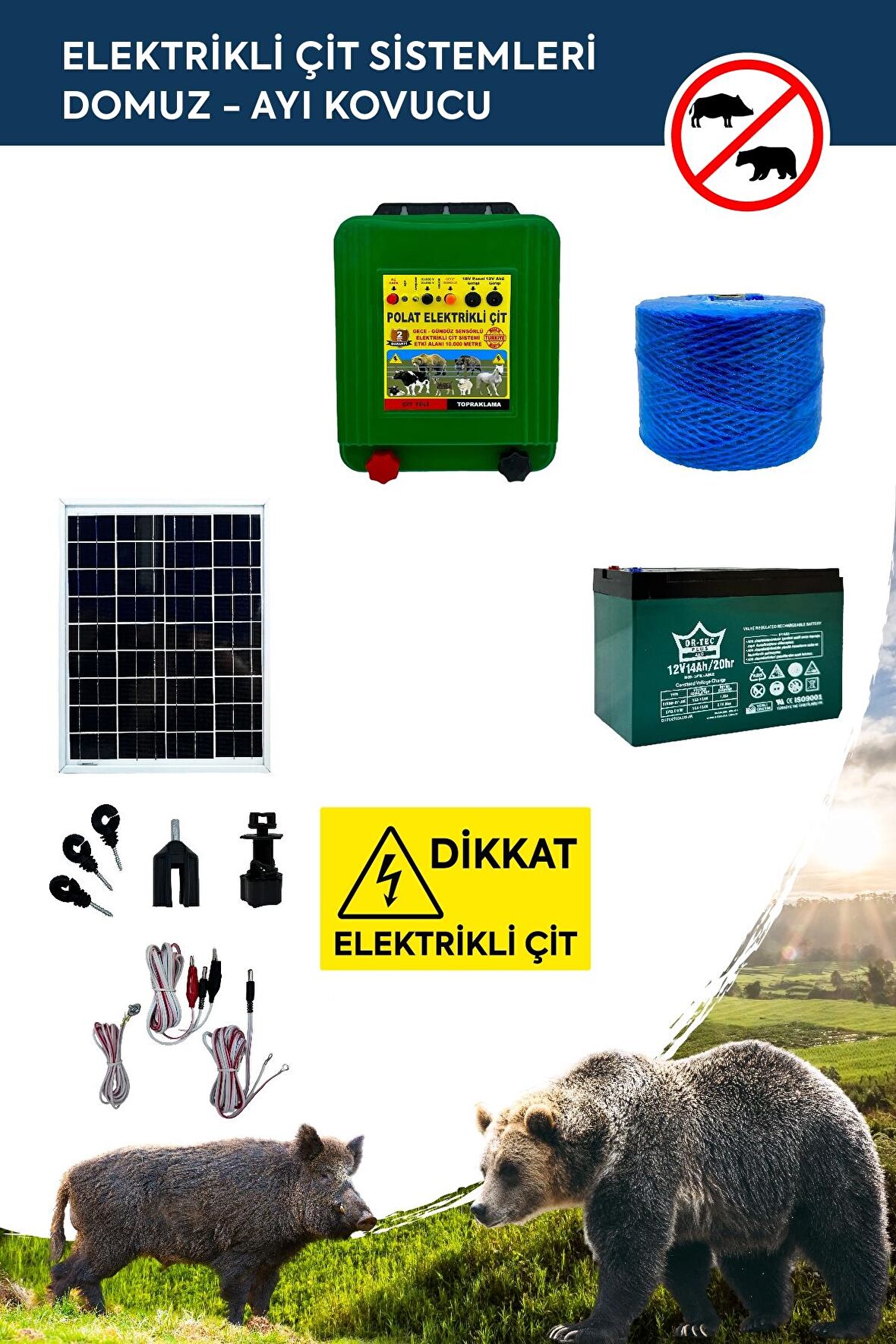 Polat Elektrikli Çit Sistemleri ( Domuz - Ayı Kovucu ) Gece-Gündüz Sensörlü Güneş Panelli 1500MT